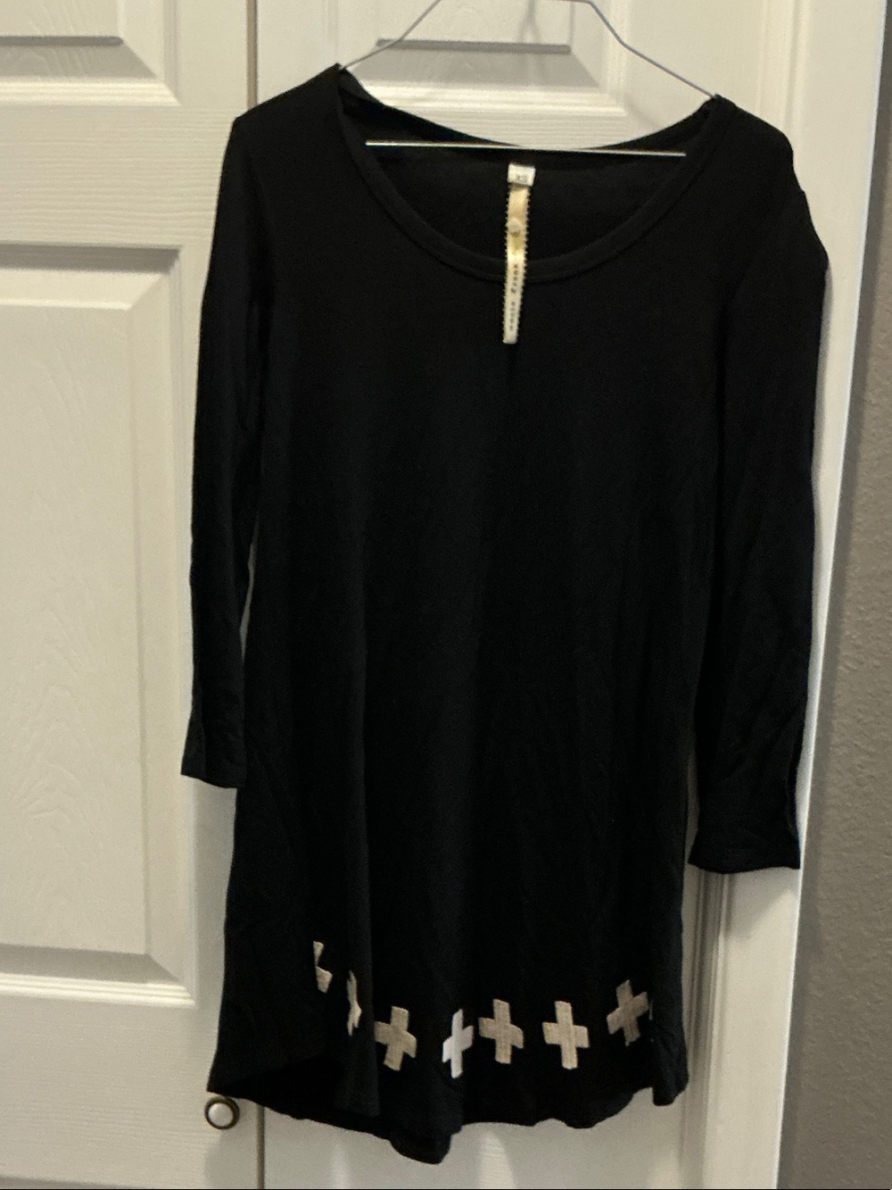Uncle Frank Black Long Sleeve Tunic Dress with Cream Cross Hem